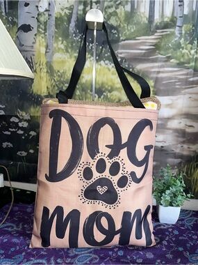Dog Mom Tote Bag in Tan & Black Print -